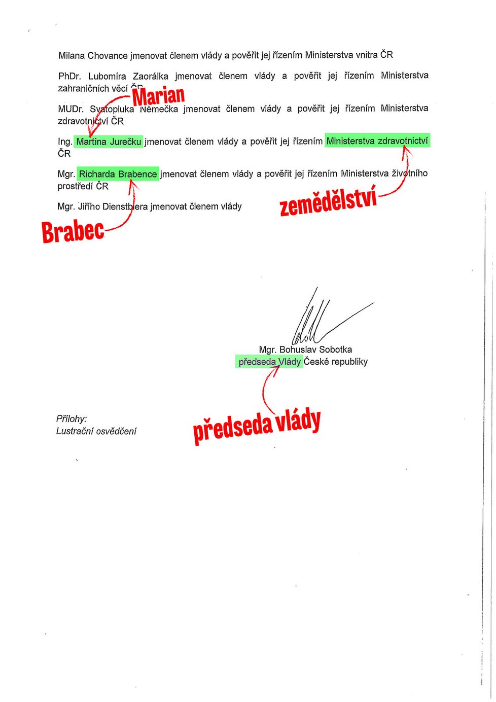 Druhá strana dopisu premiéra Bohuslava Sobotky prezidentu Zemanovi