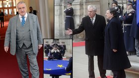 Karla Schwarzenberga nepozvali na Hrad k vyvěšení vlajky EU (vpravo Miloš Zeman a šéf Evropské komise Barroso