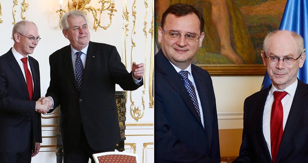 Miloš Zeman i Petr Nečas dnes v Praze přivítali šéfa Evropské rady Van Rompuye