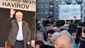 Miloše Zemana vítal v Havířově i tenhle transparent, odkazující na jeho vulgarity