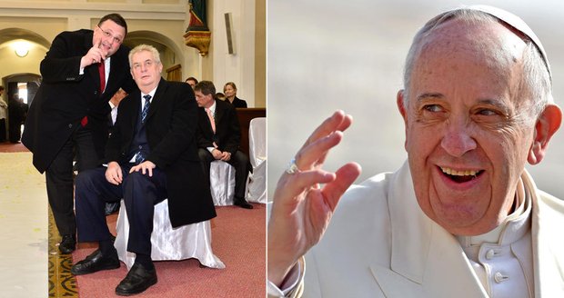 Prezident Zeman (vlevo při svatbě kancléře Mynáře v kostele v Osvětimanech) navštíví v dubnu papeže Františka