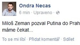 Syn expremiéra Nečase komentoval Zemanovu pozvánku na Facebooku.