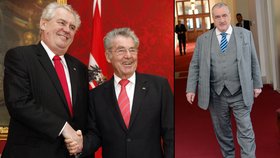 Miloš Zeman si potřásá pravicí s prezidentem Fischerem v rakousku, kde se opět vyjádřil i ke sporu se Schwarzenbergem