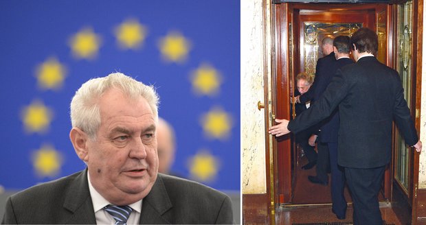 A zase ten zpropadený výtah: Zeman v něm ve Štrasburku uvízl (vpravo ve výtahu v Česku)