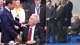 Prezident Zeman v Bruselu na summitu NATO: Pozdravil ho Macron, při focení dostal židli.