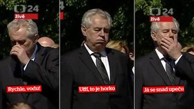 Miloš Zeman měl před projevem v Terezíně problémy s horkem, nakonec ale projev zvládnul bez problémů