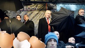 Prezident Zeman na Albertově čelil spršce vajec.