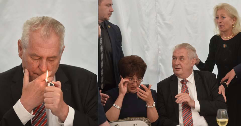 Miloš Zeman si po Žofínském fóru s chutí zapálil a fotil se s lidmi.