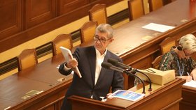 Mimořádná schůze Sněmovny: Předseda ANO Andrej Babiš (ANO) se na své čtyřhodinové vystoupení vyzbrojil taškou a vodou (4. 5. 2022)