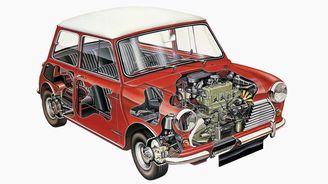 Motor uložený v přídi napříč a kola v rozích přinesly fenomenální využití obestavěného prostoru. Mini je tak zevnitř skoro větší než zvenku. Motor uložený v přídi napříč a kola v rozích přinesly fenomenální využití obestavěného prostoru. Mini je tak zevnitř skoro větší než zvenku.