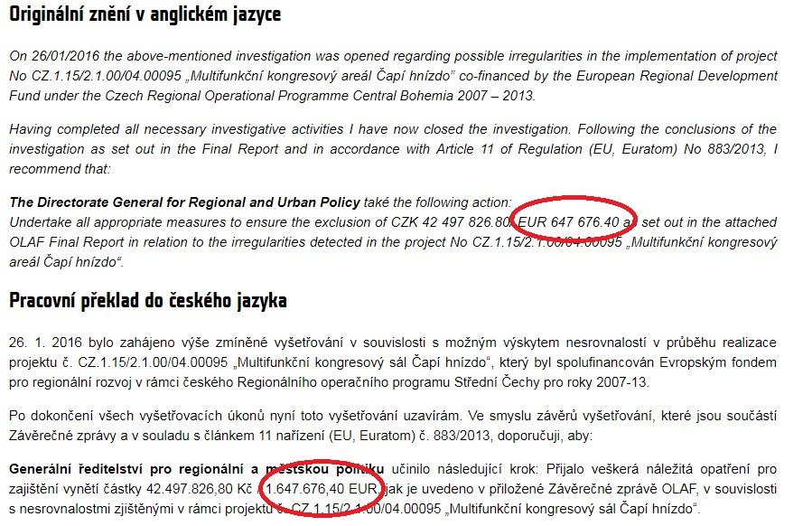 Ministerstvo financí udělalo v překladu závěrečné zprávy OLAFu k Čapímu hnízdu chybu. V anglické verzi jim vypadl milion eur. Následně úřad chybu opravil.