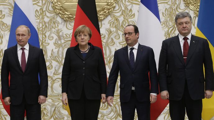 Vladimir Putin, Angela Merkel, Francois Hollande a Petro Poroshenko