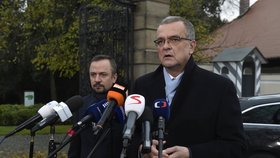 Miroslav Kalousek s Markem Ženíškem (TOP 09) po návštěvě u prezidenta Zemana v Lánech
