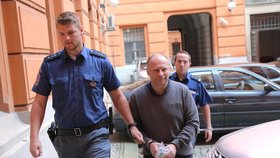 Justiční stráž přivádí Miroslava Minkse ke krajskému soudu v Brně, obžaloba jej viní z toho, že zavinil ochrnutí vlastního bratra.