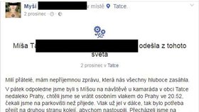 Tímto statusem oznámil Macháček na Facebooku smrt své přítelkyně Míši.