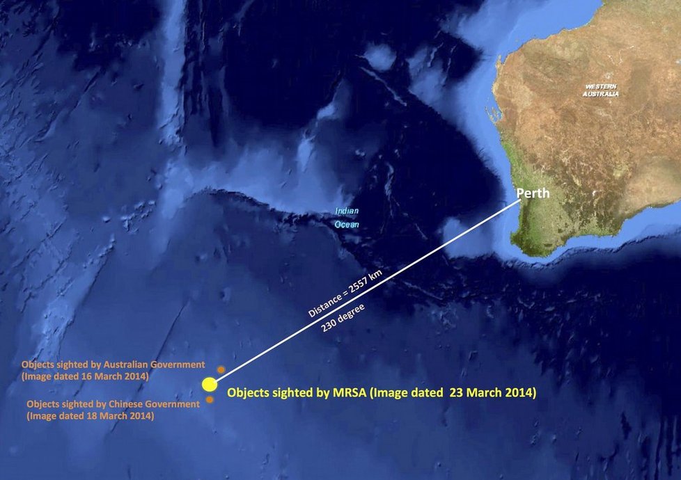 Místo v Indickém oceánu, kde byly lokalizovány objekty, které mohou být troskami zmizelého letu MH370 Malaysia Airlines.