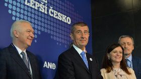 Předseda ANO Andrej Babiš a místopředsedové Jaroslav Faltýnek, Jaroslava Pokorná Jermanová a Martin Stropnický