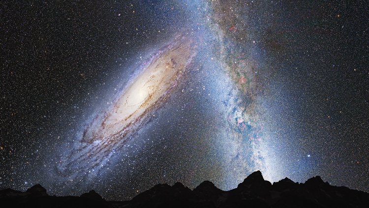 Galaxie Mléčná dráha a Andromeda za 3,7 miliardy let