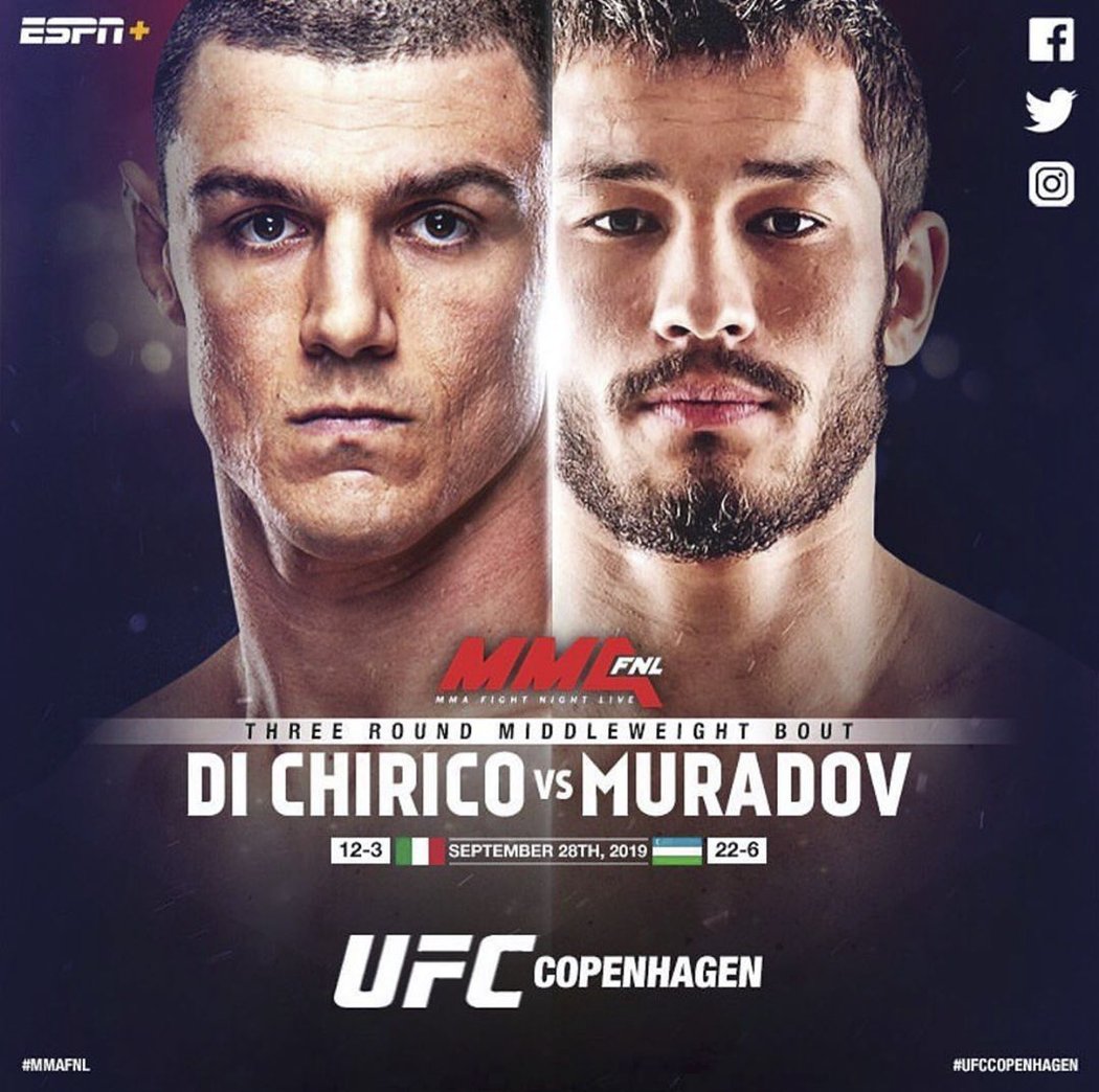 Jeden ze zápasů na UFC Fight Night 160 v Kodani: Di Chirico vs. Muradov.