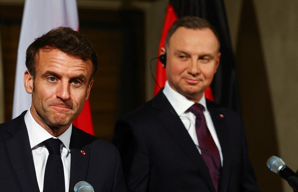 Mnichovská bezpečnostní konference: Francouzský prezident Emmanuel Macron a polský prezident Andrzej Duda (17.2.2023)