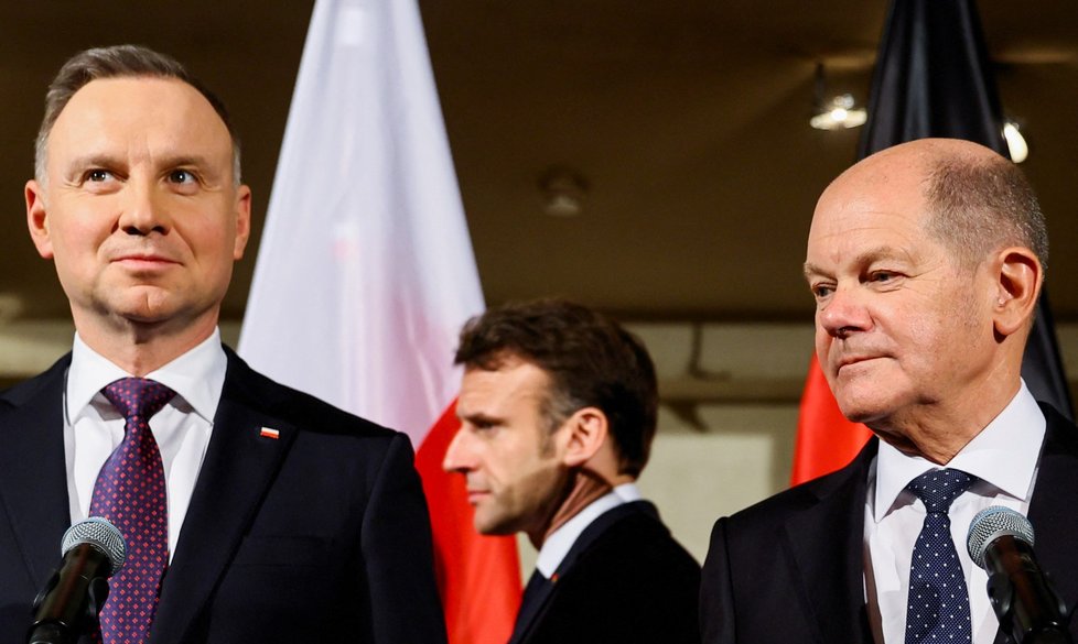 Mnichovská bezpečnostní konference: Polský prezident Andrzej Duda, francouzský prezident Emmanuel Macron a německý kancléř Olaf Scholz  (17.2.2023)