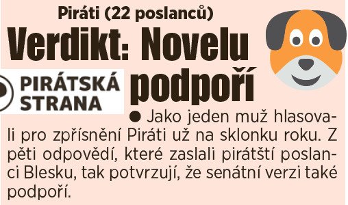 Piráti se rovněž zastanou neokleštěné novely, která zvyšuje tresty tyranům na šest let