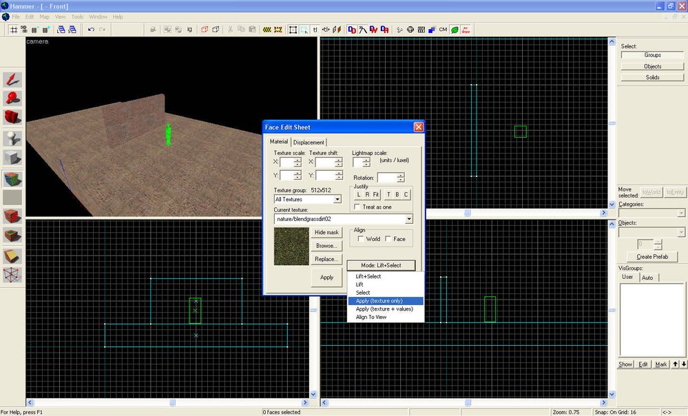 Krok 9: Klikněte na ikonku texture application mode (šesté odshora), klikněte na MODE a vyberte APPLY, klikněte na zem a tím jí změníte texturu.