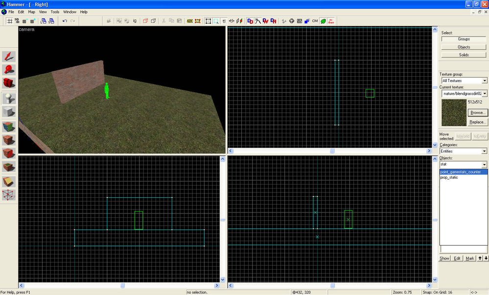 Krok 10 & 11: Teď položíme do mapy model - se zapnutým entity tool vyberte entitu PROP_STATIC - pokud je model nepohyblivý (domy,sloupy, stromy...) v mřížce na vytvořenou entitu klikněte pravým tlačítkem myši a vyberte PROPERTIES (dá se nahradit klávesovou zkratkou ALT+ENTER), v otevřeném okně najděte řádek World model a klikněte na Browse.