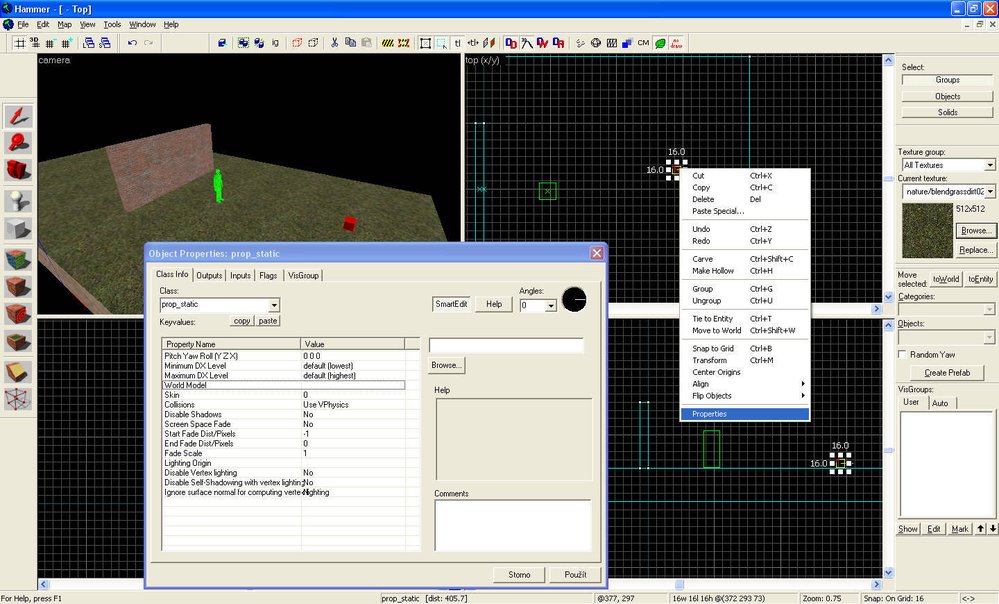 Krok 10 & 11: Teď položíme do mapy model - se zapnutým entity tool vyberte entitu PROP_STATIC - pokud je model nepohyblivý (domy,sloupy, stromy...) v mřížce na vytvořenou entitu klikněte pravým tlačítkem myši a vyberte PROPERTIES (dá se nahradit klávesovou zkratkou ALT+ENTER), v otevřeném okně najděte řádek World model a klikněte na Browse.