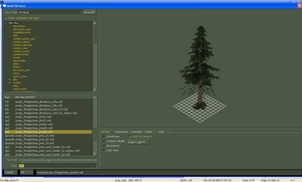 Krok 12: Po kliknutí na použít se model objeví, pak klikněte na selection tool (první odshora), klikněte a táhněte s modelem v mřížce tak, aby nelevitoval nad zemí, tímto způsobem můžete pohybovat se všemi objekty. Pokud je model pohyblivý (sudy, krabice, stoly, židle...), dejte do mapy entitu PROP_PHYSICS a stejně jako u dříve zmíněného stromu vyberte model a posuňte/otočte. Otáčení zapnete 2x kliknutím na objekt a kliknutím na kolečka.