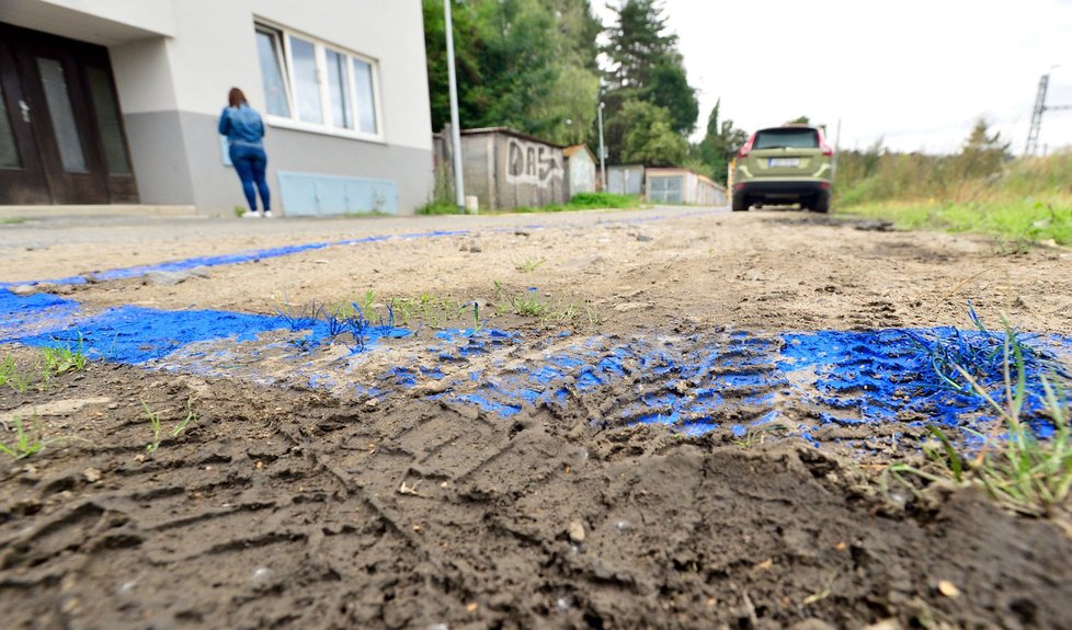 Dělníci vyznačili modrou zónu před domem v ulici Jednořadá. Barvu nanesli na hlínu. Místní si myslí, že se jedná jen o blbý vtip.