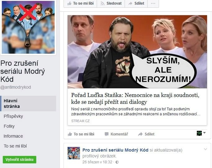 Skupina odporců seriálu Modrý kód na Facebooku