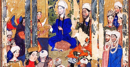 Prorok Mohamed sedí obklopen dalšími proroky a anděly