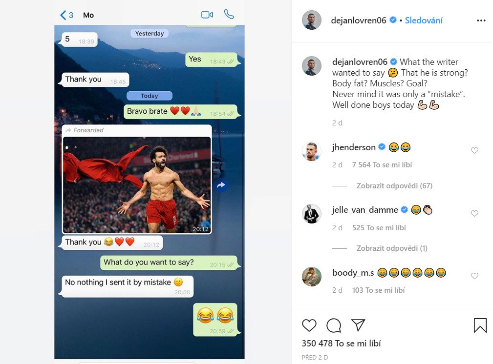 Dejan Lovren si na Instagramu utahoval ze Salaha.