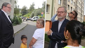 Europoslanec Alexandr Vondra a premiér Petr Fiala (oba ODS) v ústeckém sídlišti Mojžíř (26.8.2024)