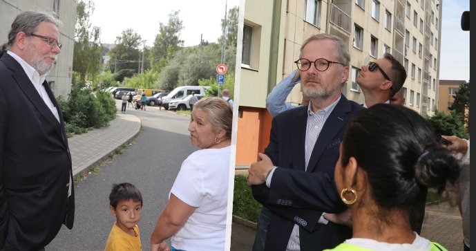 Europoslanec Alexandr Vondra a premiér Petr Fiala (oba ODS) v ústeckém sídlišti Mojžíř (26.8.2024)