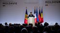 Francouzský prezident Emmanuel Macron na dárcovské konferenci pro Moldavsko.