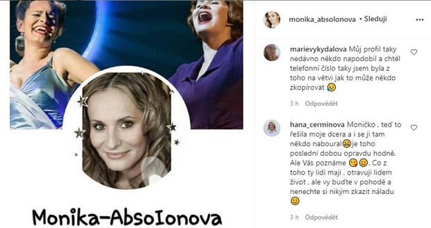 Monika Absolonová se stala obětí podvodníka, který založil falešný profil pod její jménem, aby vylákal z lidí peníze.