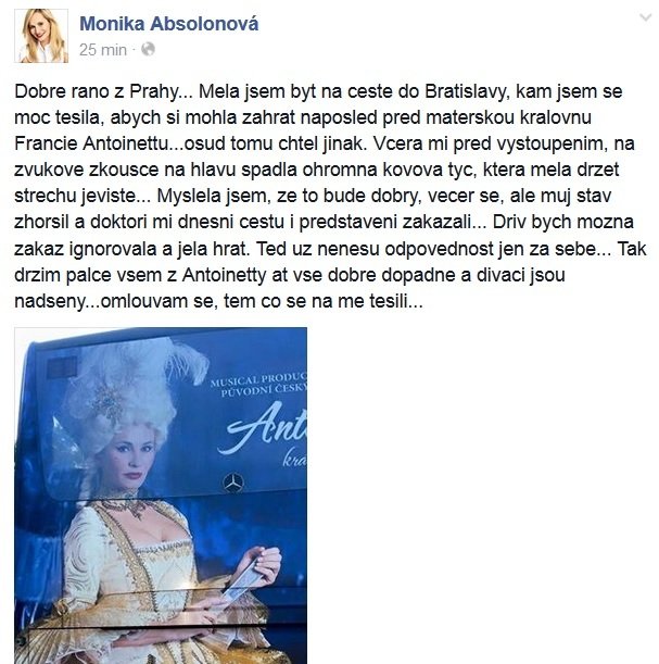 Monika Absolonová na Facebook napsala, že měla úraz při zkoušce.