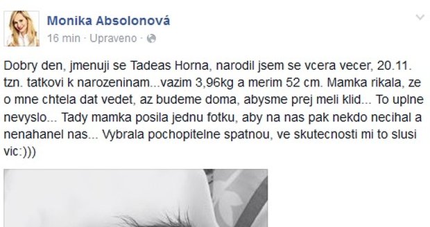 Vzkaz od Moniky na Facebooku o narození potomka