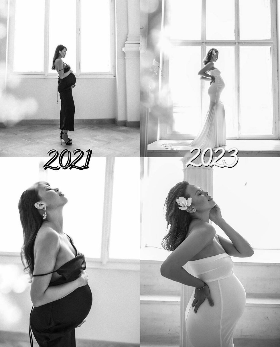 Monika Leová se pochlubila těhotenskými fotky z roku 2021 a 2023.