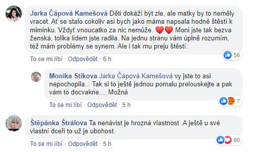 Negativní komentáře Monika ze svého FB smazala...