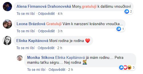 Negativní komentáře Monika ze svého FB smazala...