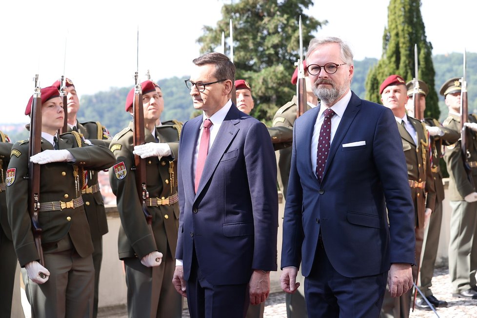 Český předseda vlády Petr Fiala (ODS) s polským premiérem Mateuszem Morawieckim (3.6.2022)