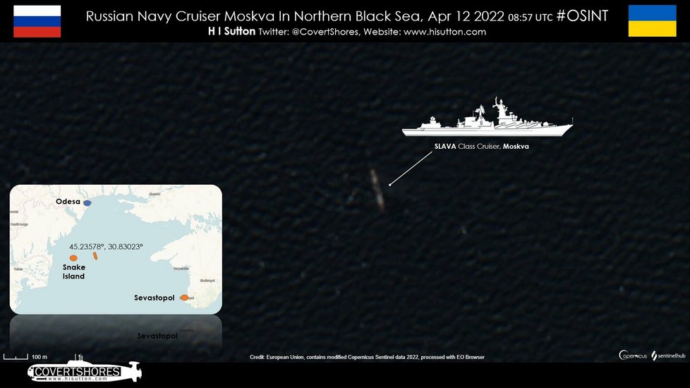 Britské námořnictvo zachytilo hořící křižník Moskva na satelitních snímcích.