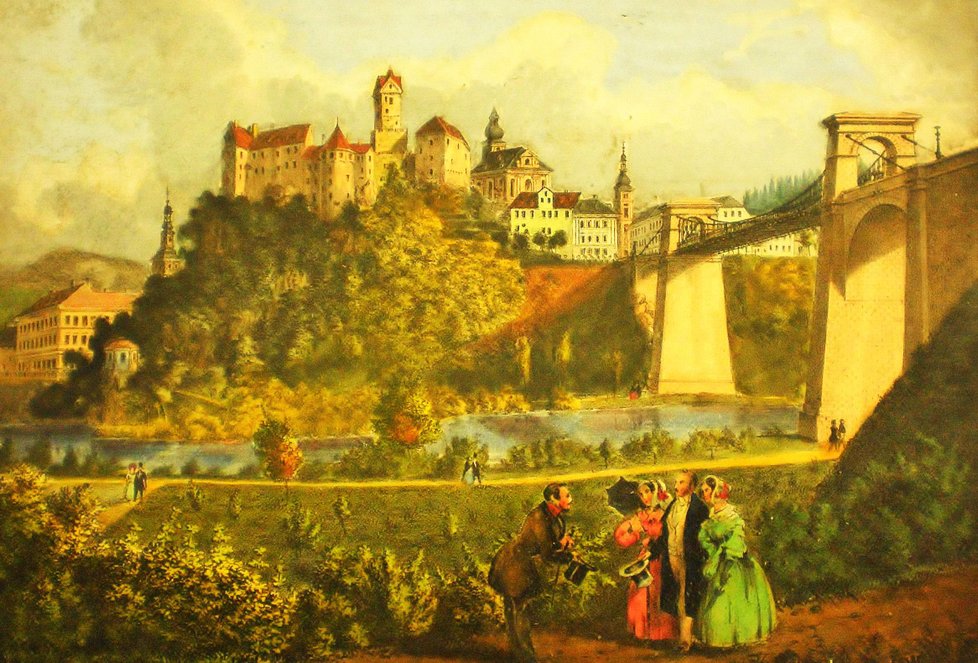 Dobová kresba řetězového mostu císaře Ferdinanda v Lokti.