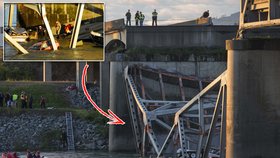 Boj záchranářů o životy řidičů: V USA se zřítila část dálničního mostu