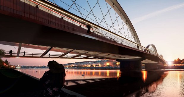 Vizualizace k nové podobě Vyšehradského železničního mostu. Postaven by mohl být do roku 2028. Spolu s mostem se počítá i se zachováním ávek pro pěší a cyklisty nebo dokonce se zřízením nové železniční zastávky hned za mostem.