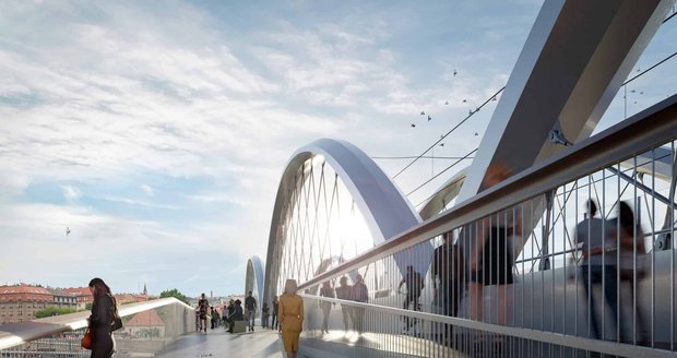 Vizualizace k nové podobě Vyšehradského železničního mostu. Postaven by mohl být do roku 2028. Spolu s mostem se počítá i se zachováním ávek pro pěší a cyklisty nebo dokonce se zřízením nové železniční zastávky hned za mostem.