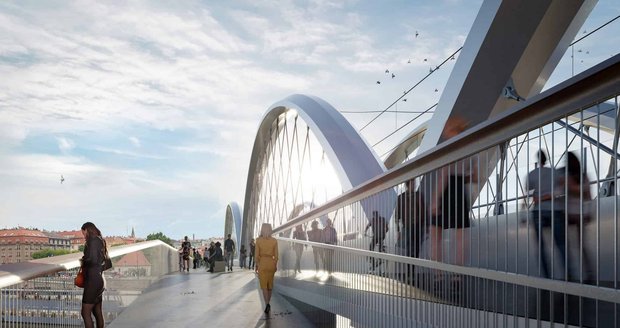 Vizualizace k nové podobě Vyšehradského železničního mostu. Postaven by mohl být do roku 2028. Spolu s mostem se počítá i se zachováním ávek pro pěší a cyklisty nebo dokonce se zřízením nové železniční zastávky hned za mostem.